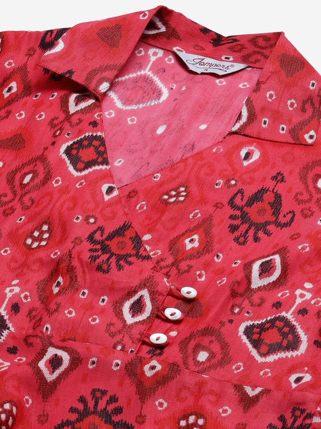 Women's Coral Red & Black Ethnic Motifs Printed Angrakha Anarkali Kurta - Jompers