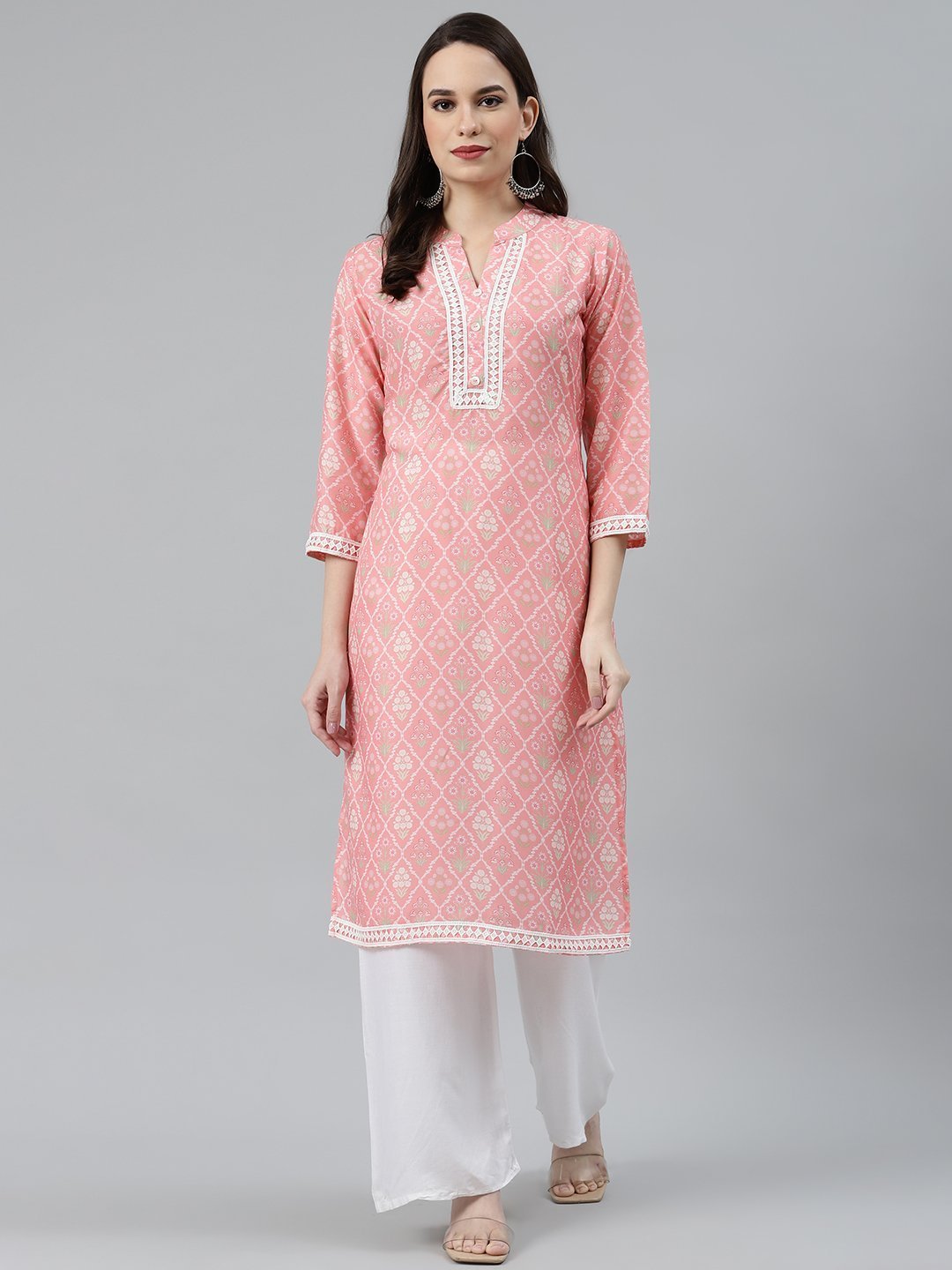 Women's Pink & Off White Floral Printed Kurta - Jompers