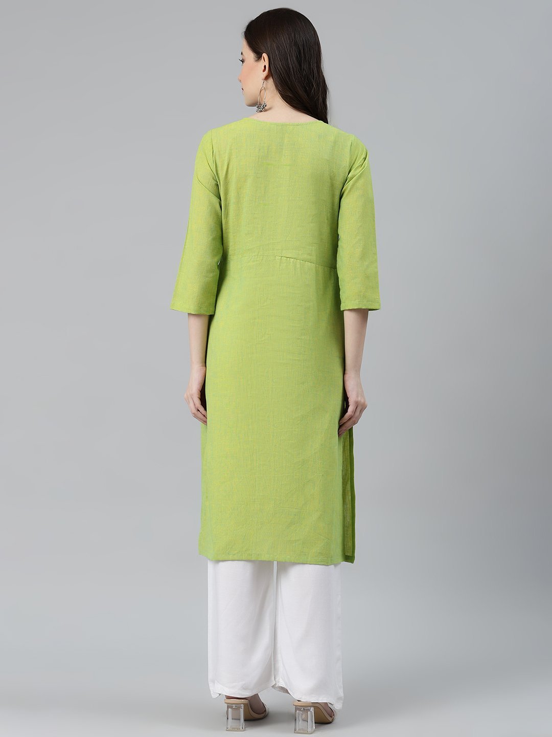 Women's Green Woven Design Pure Cotton Straight Pleated Kurta - Jompers