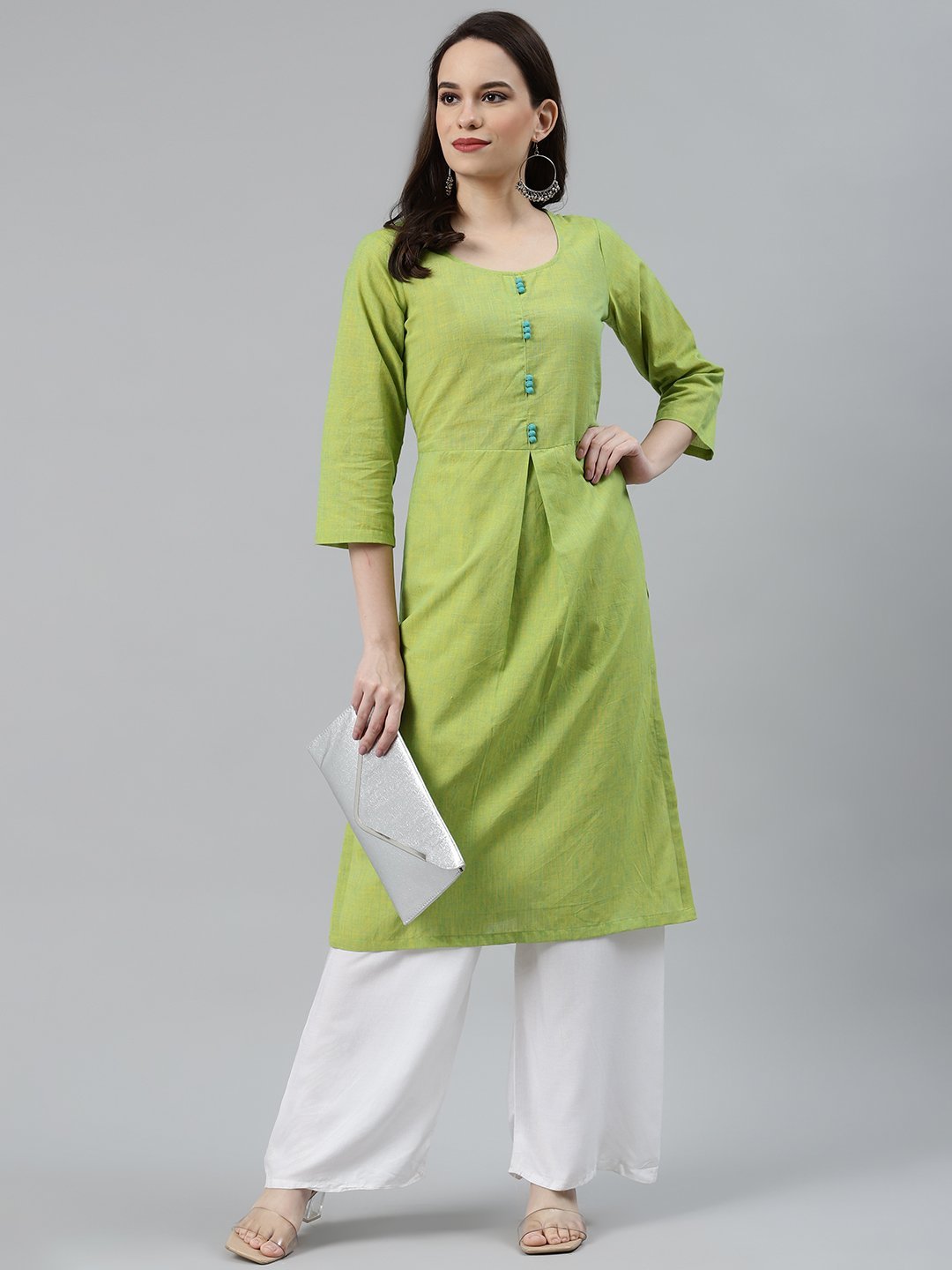Women's Green Woven Design Pure Cotton Straight Pleated Kurta - Jompers