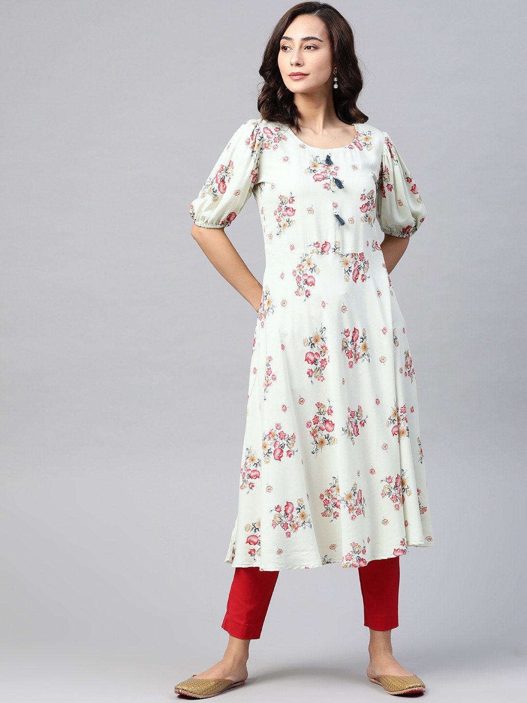 Women's Green & Red Floral Printed A-Line Kurta - Jompers