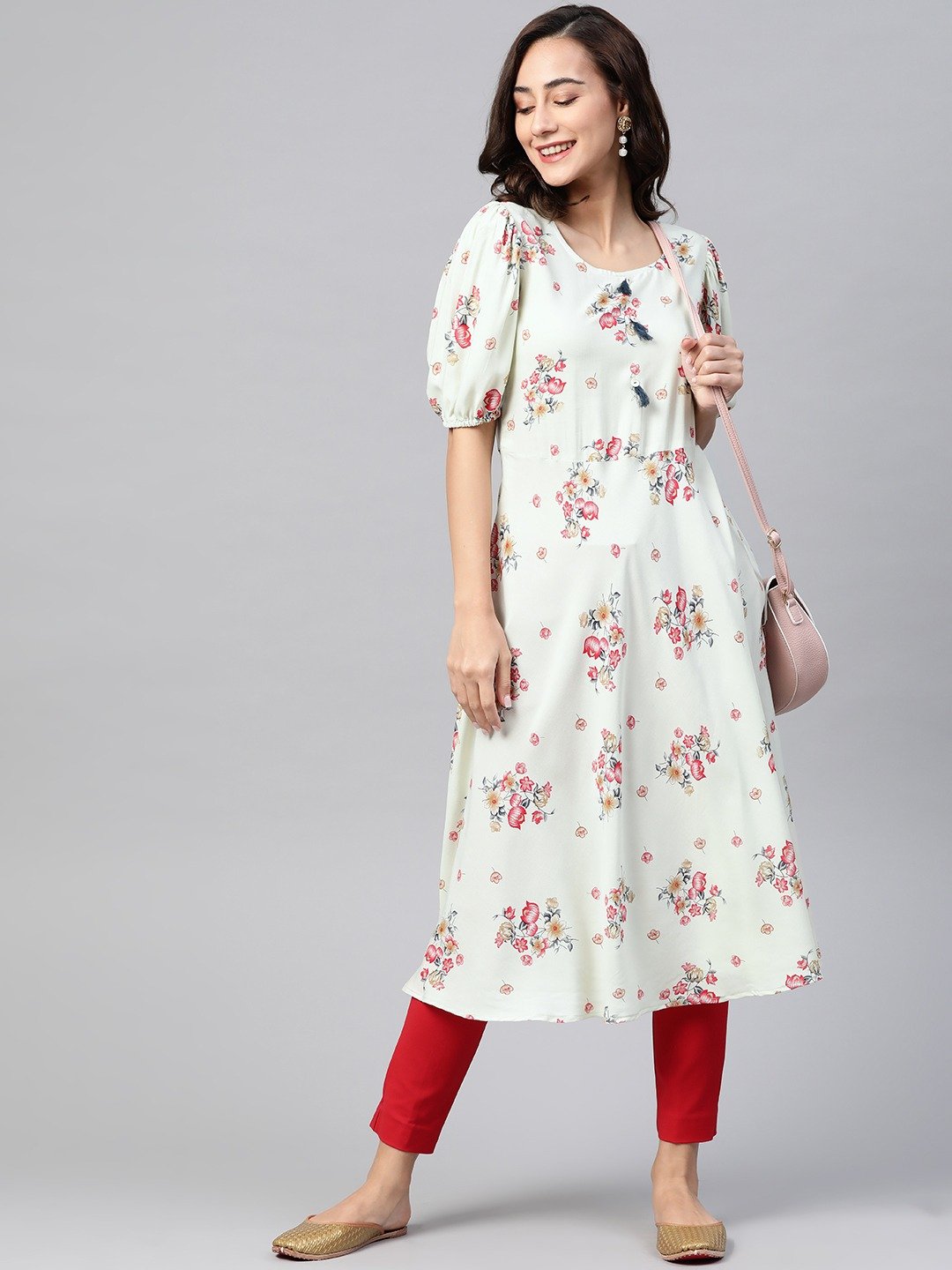 Women's Green & Red Floral Printed A-Line Kurta - Jompers