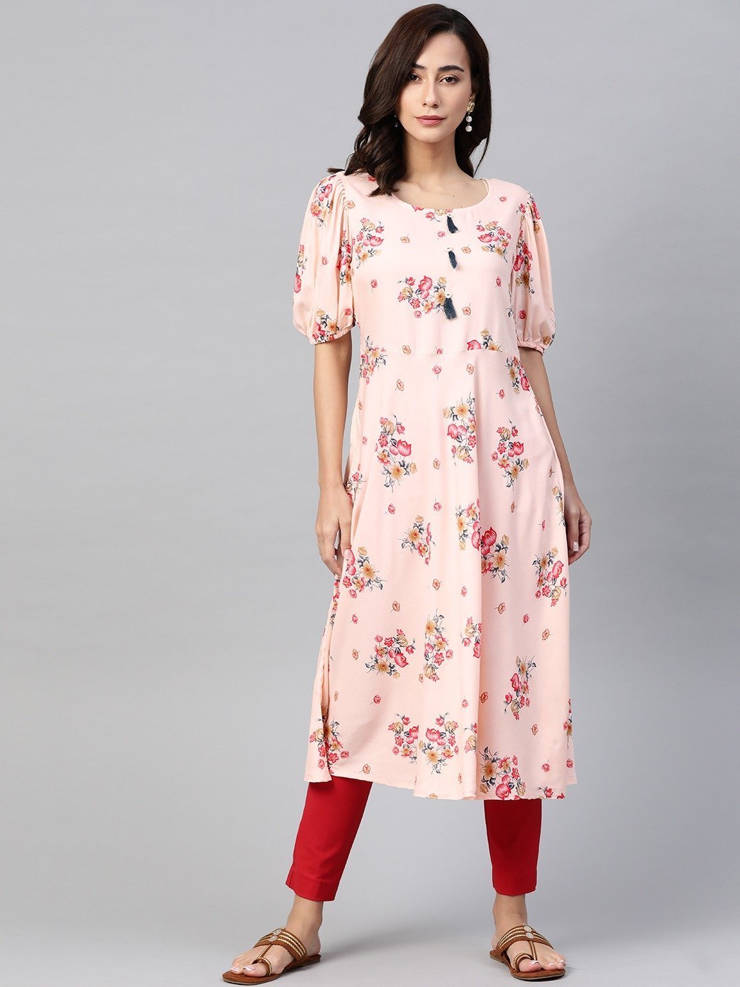 Women's Pink & Red Floral Printed A-Line Kurta - Jompers