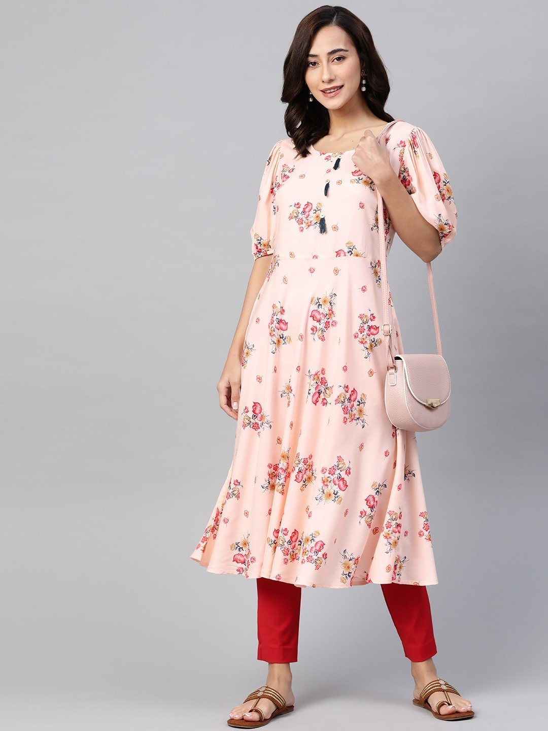 Women's Pink & Red Floral Printed A-Line Kurta - Jompers