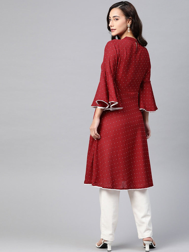 Women's Maroon & White Polka Dots Print Bell Sleeves Anarkali Kurta