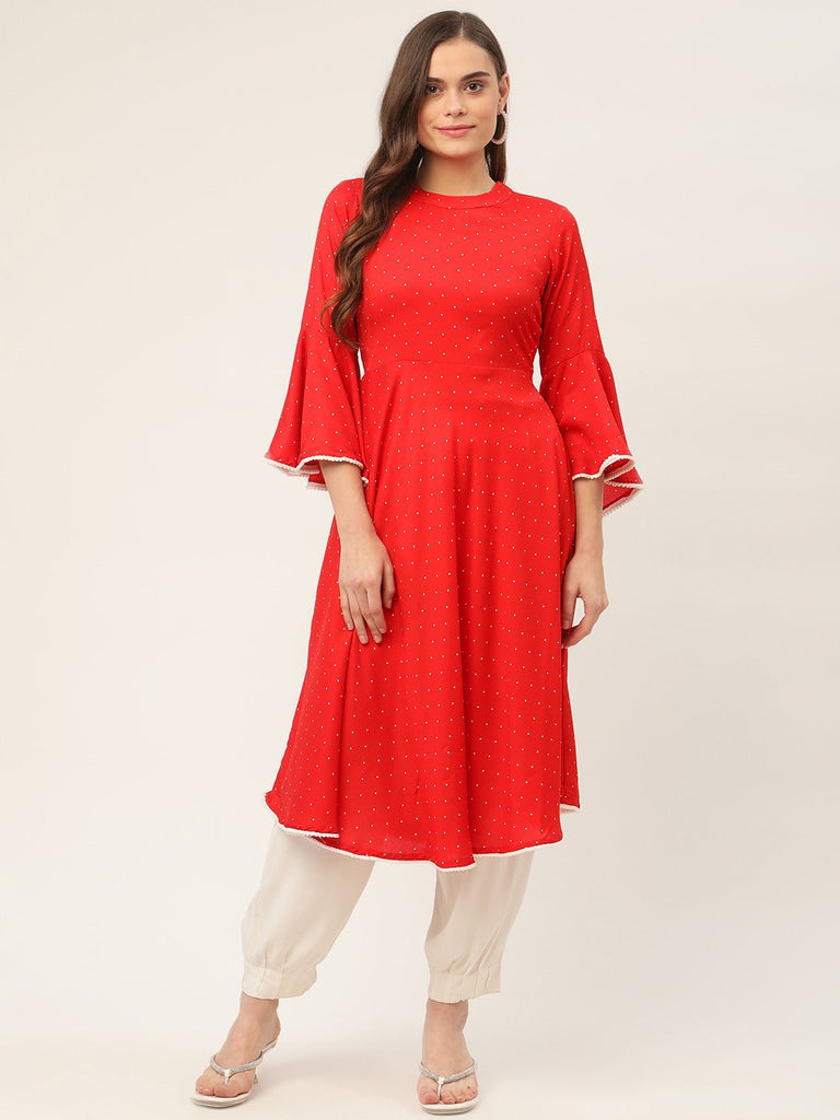 Women's flared sleeves, pom-pom lace flared kurta ( JOK 1382 Red )