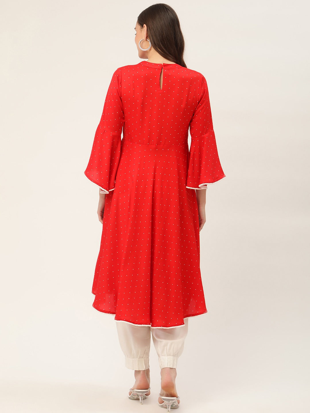 Women's flared sleeves, pom-pom lace flared kurta ( JOK 1382 Red ) - Jompers