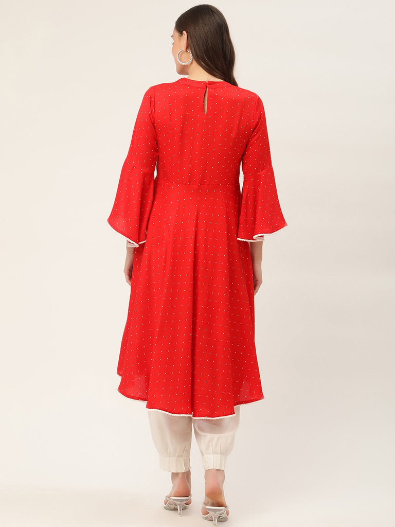 Women's flared sleeves, pom-pom lace flared kurta ( JOK 1382 Red )
