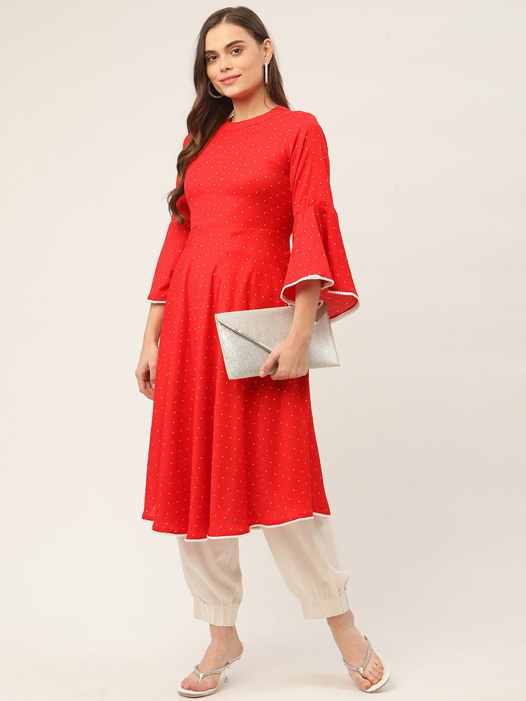 Women's flared sleeves, pom-pom lace flared kurta ( JOK 1382 Red )
