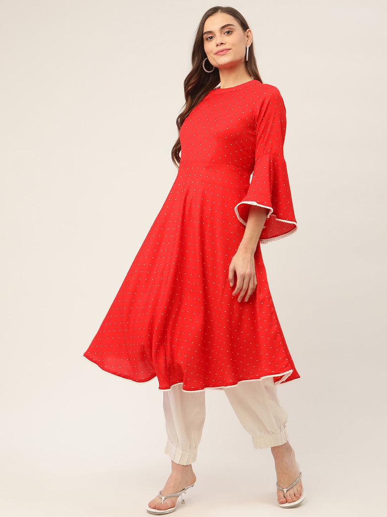 Women's flared sleeves, pom-pom lace flared kurta ( JOK 1382 Red )