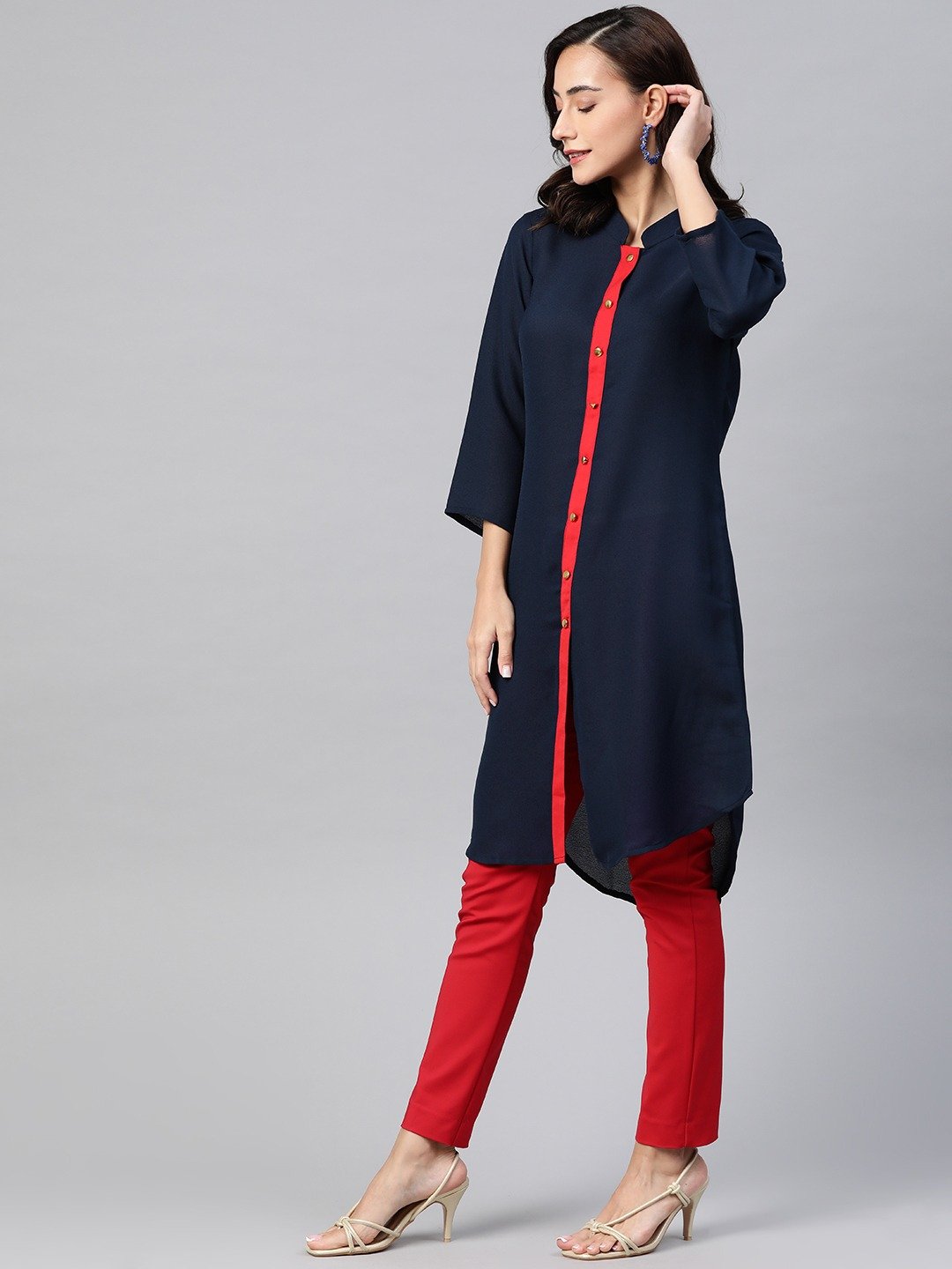 Women's Navy Blue & Red Solid A-line Kurta - Jompers