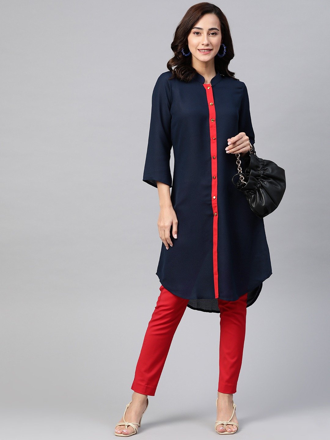 Women's Navy Blue & Red Solid A-line Kurta - Jompers