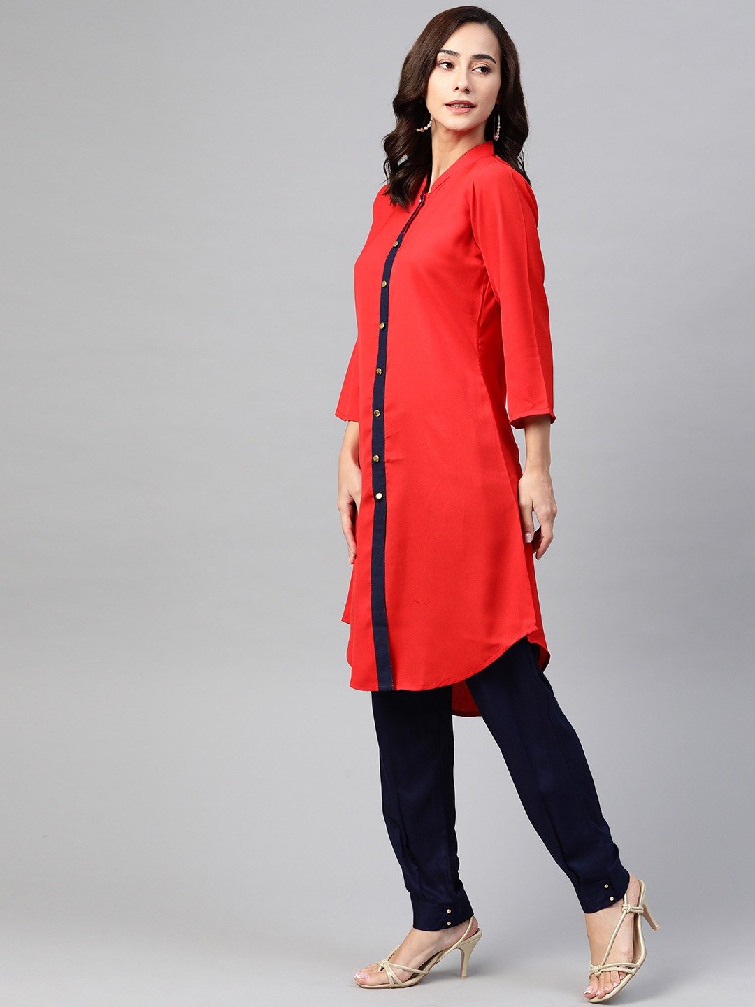 Women's Red & Navy Blue Solid A-line Kurta - Jompers