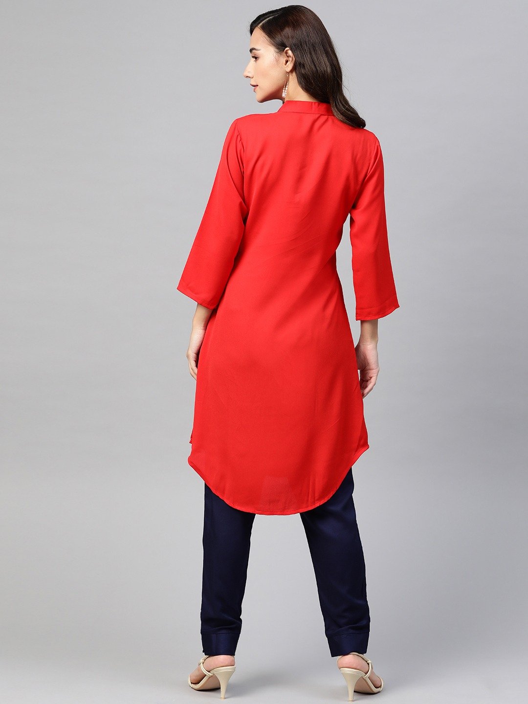 Women's Red & Navy Blue Solid A-line Kurta - Jompers
