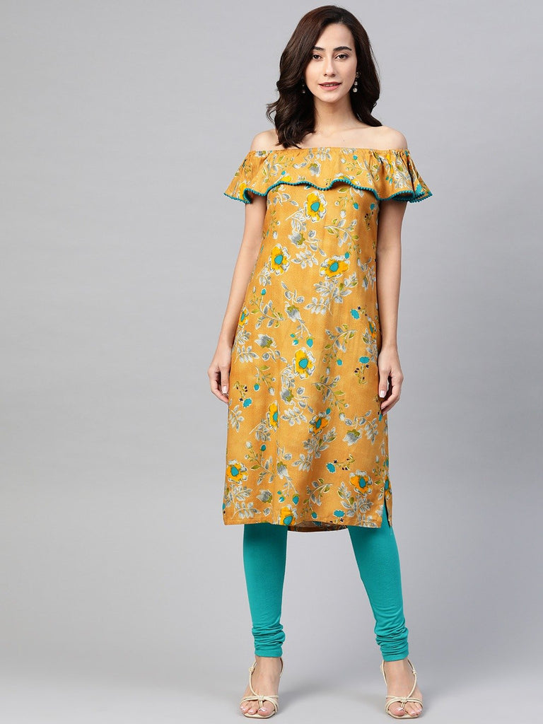 Women's Mustard Yellow & Teal Blue Floral Printed Straight Kurta