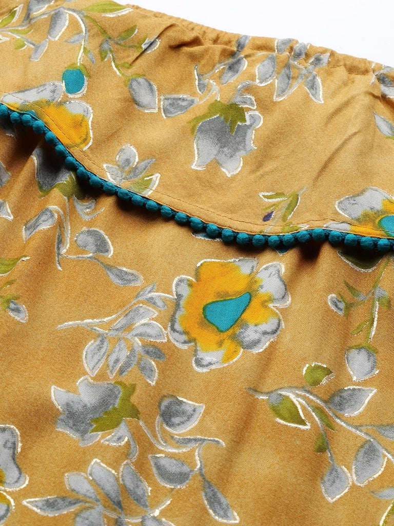 Women's Mustard Yellow & Teal Blue Floral Printed Straight Kurta