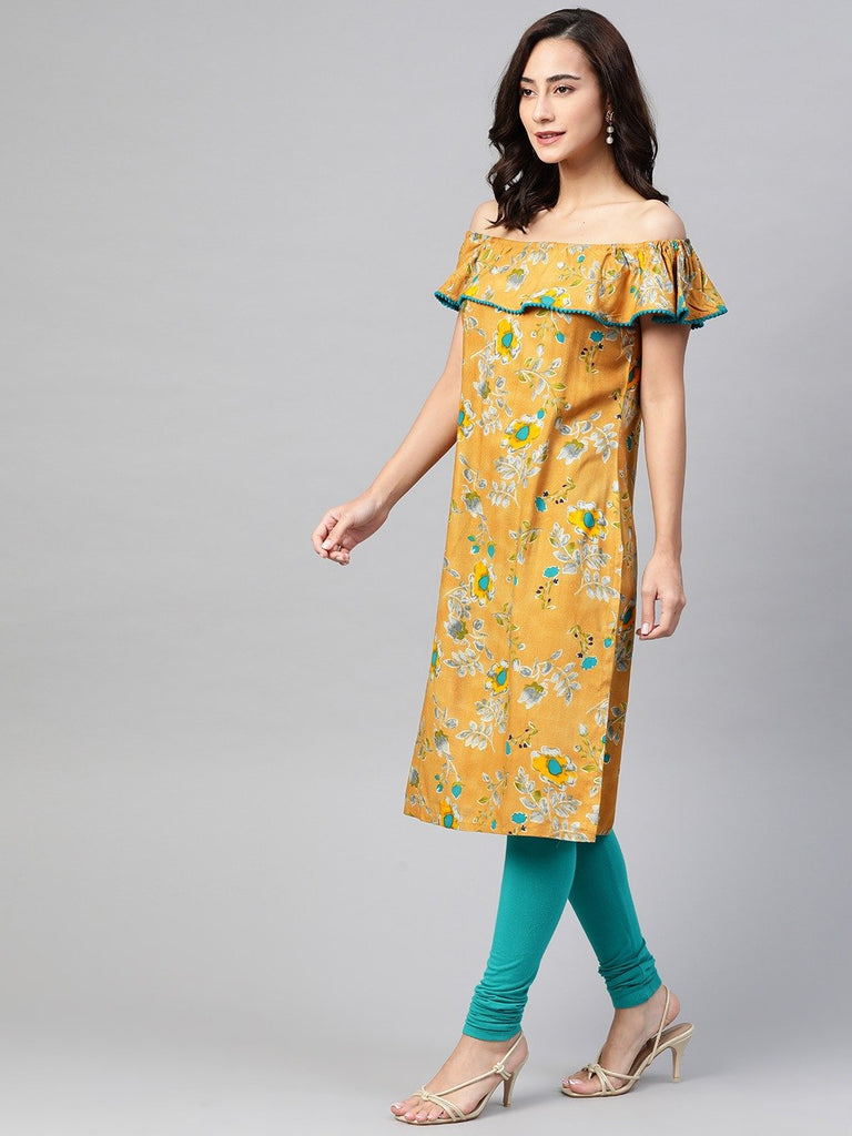 Women's Mustard Yellow & Teal Blue Floral Printed Straight Kurta