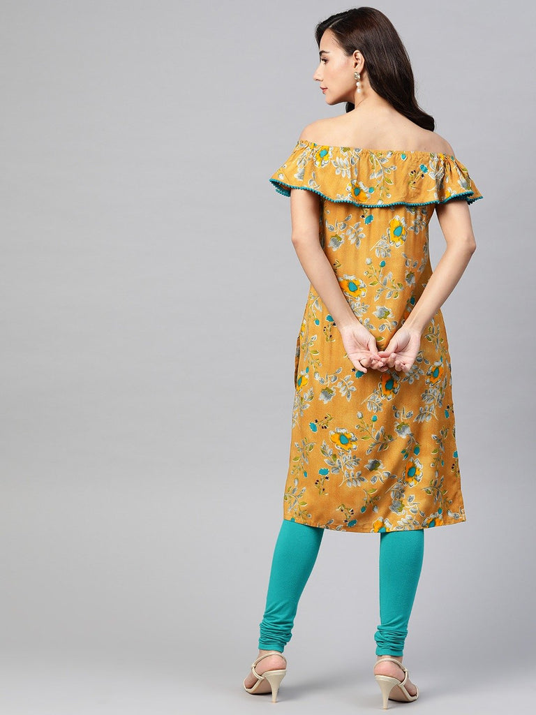 Women's Mustard Yellow & Teal Blue Floral Printed Straight Kurta