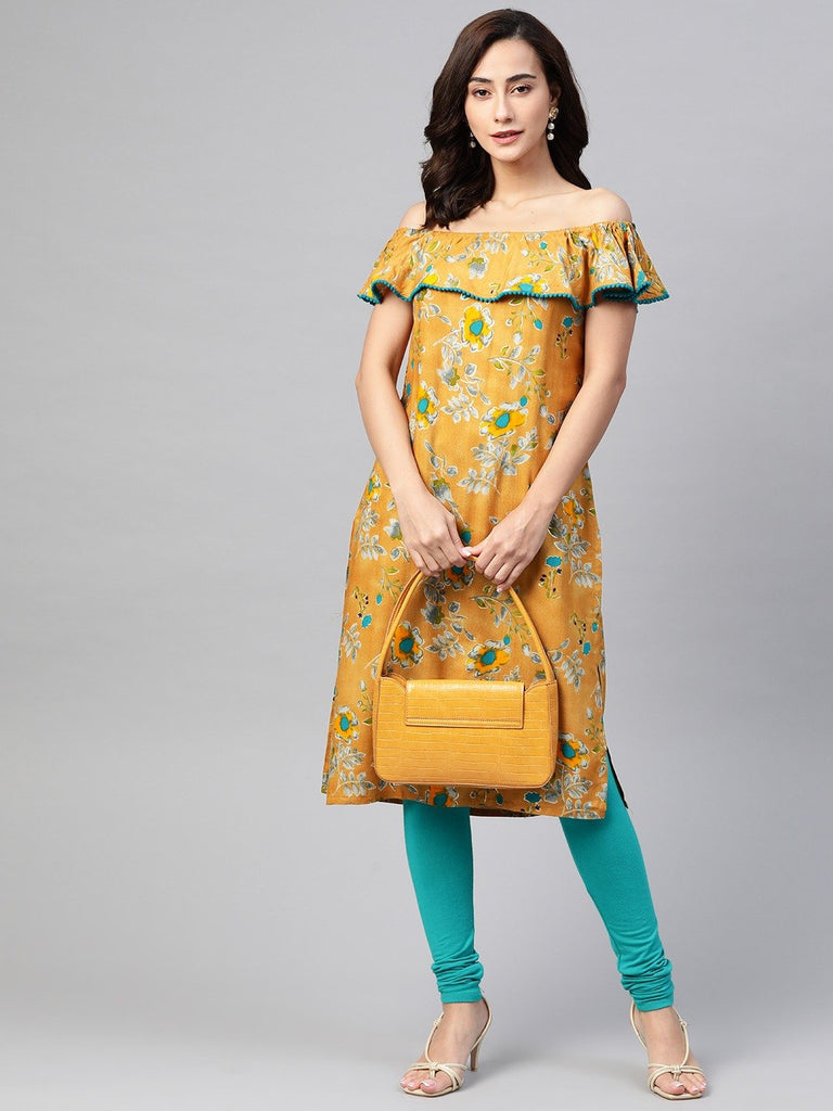 Women's Mustard Yellow & Teal Blue Floral Printed Straight Kurta