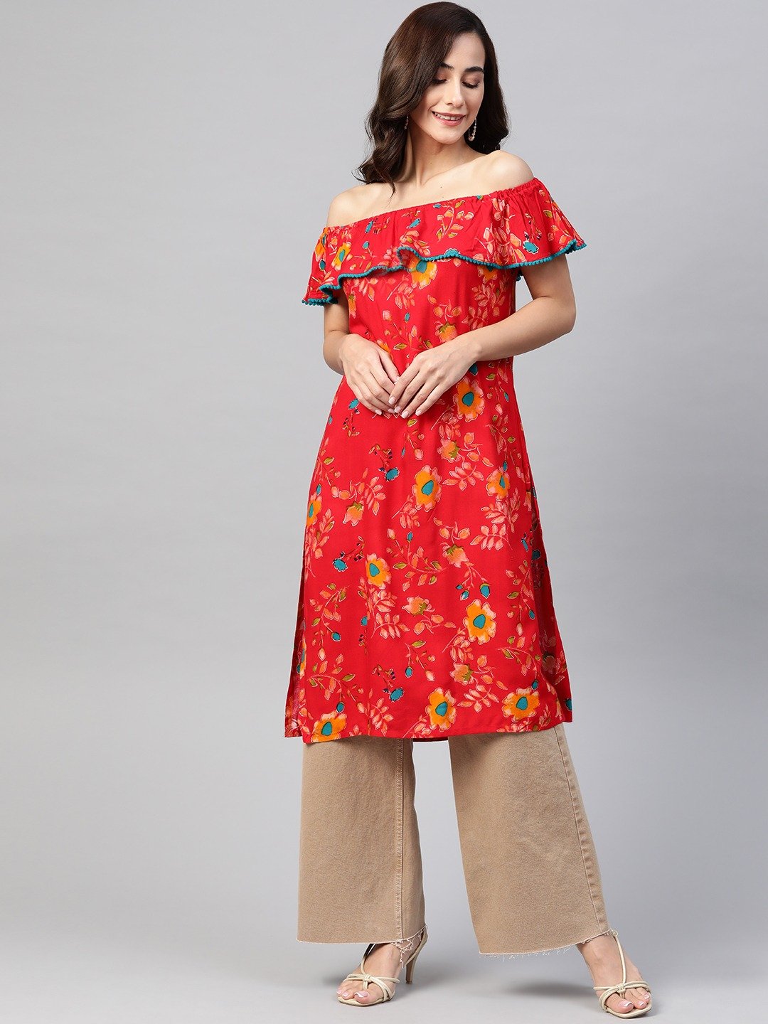Women's Red & Yellow Floral Printed Straight Kurta - Jompers
