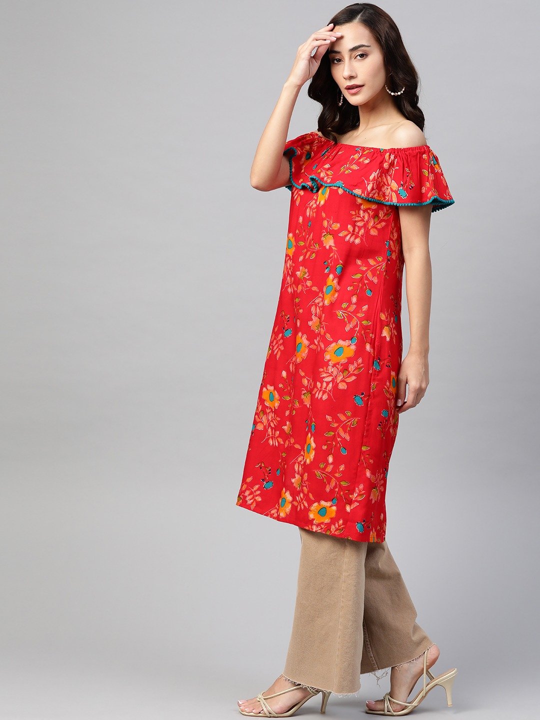 Women's Red & Yellow Floral Printed Straight Kurta - Jompers