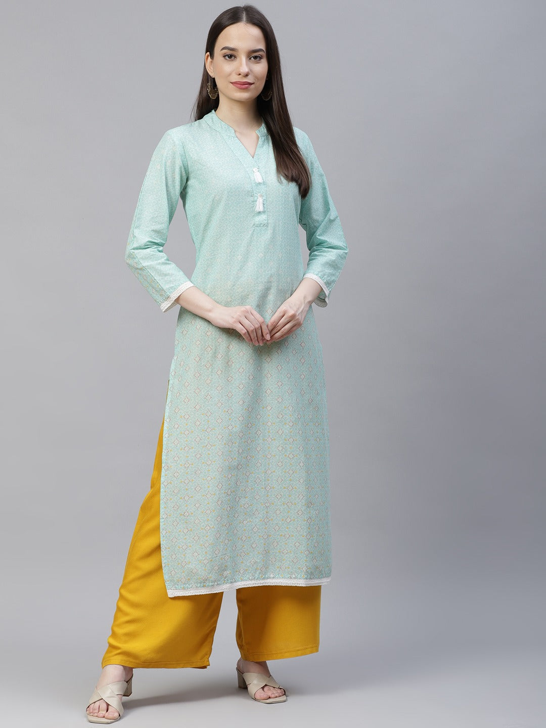 Women's Blue & Off White Cotton Ethnic Motifs Printed Kurta ( JOK 1389 Blue )