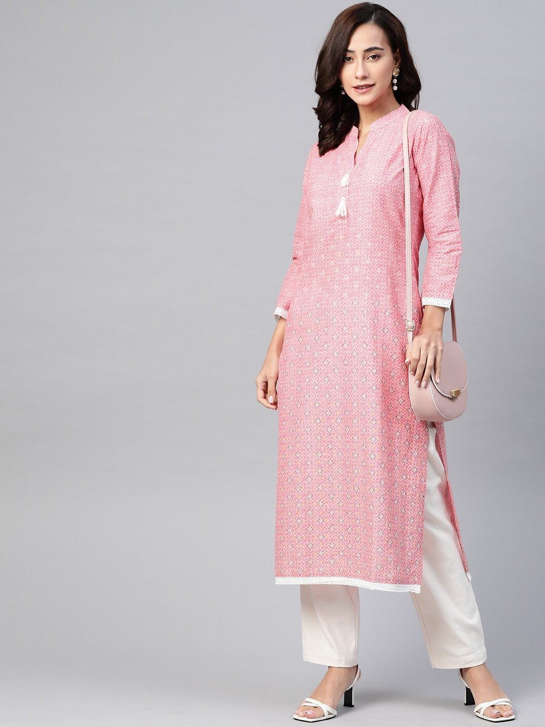 Women's Pink & Off White Pure Cotton Ethnic Motifs Printed Kurta - Jompers