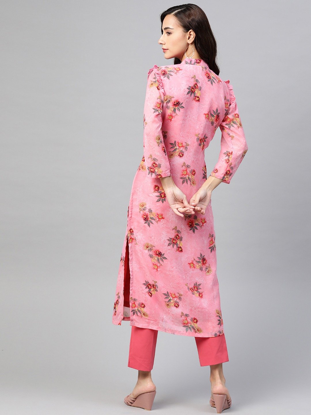 Women's Pink & Olive Green Floral Printed Frills Bows and Ruffles Straight Kurta - Jompers