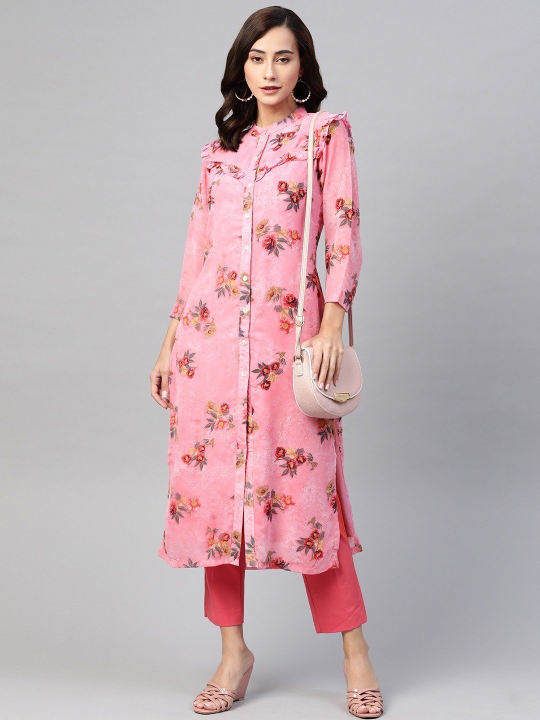 Women's Pink & Olive Green Floral Printed Frills Bows and Ruffles Straight Kurta - Jompers