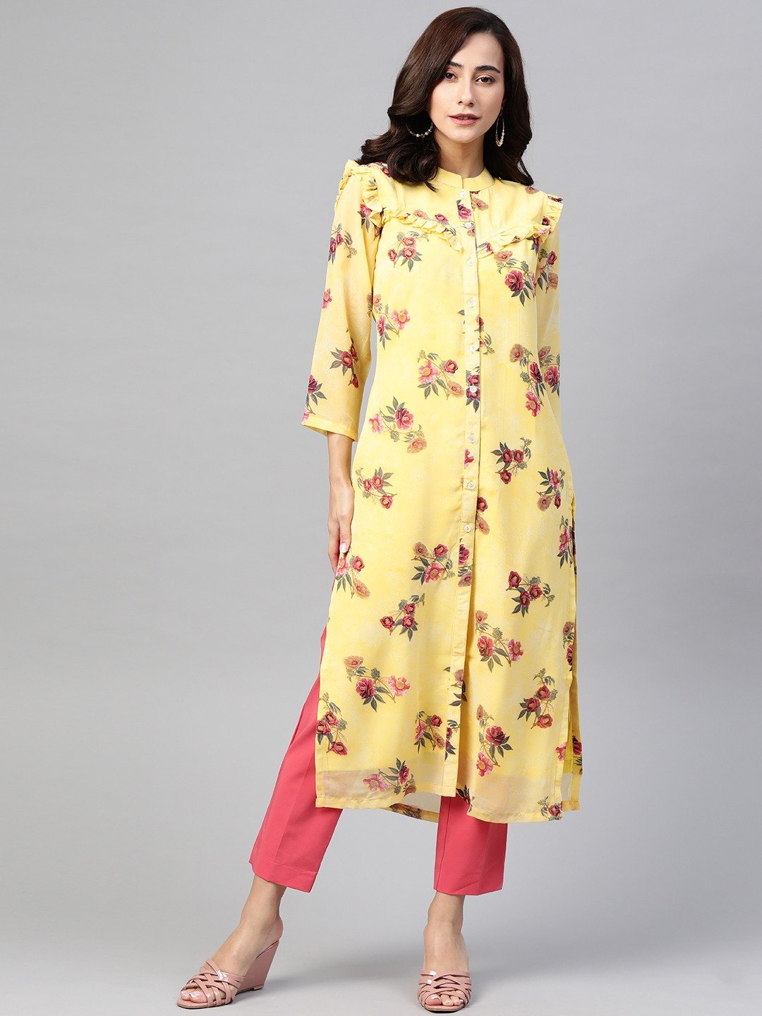 Women's Yellow & Pink Floral Printed Frills Bows and Ruffles Straight Kurta - Jompers