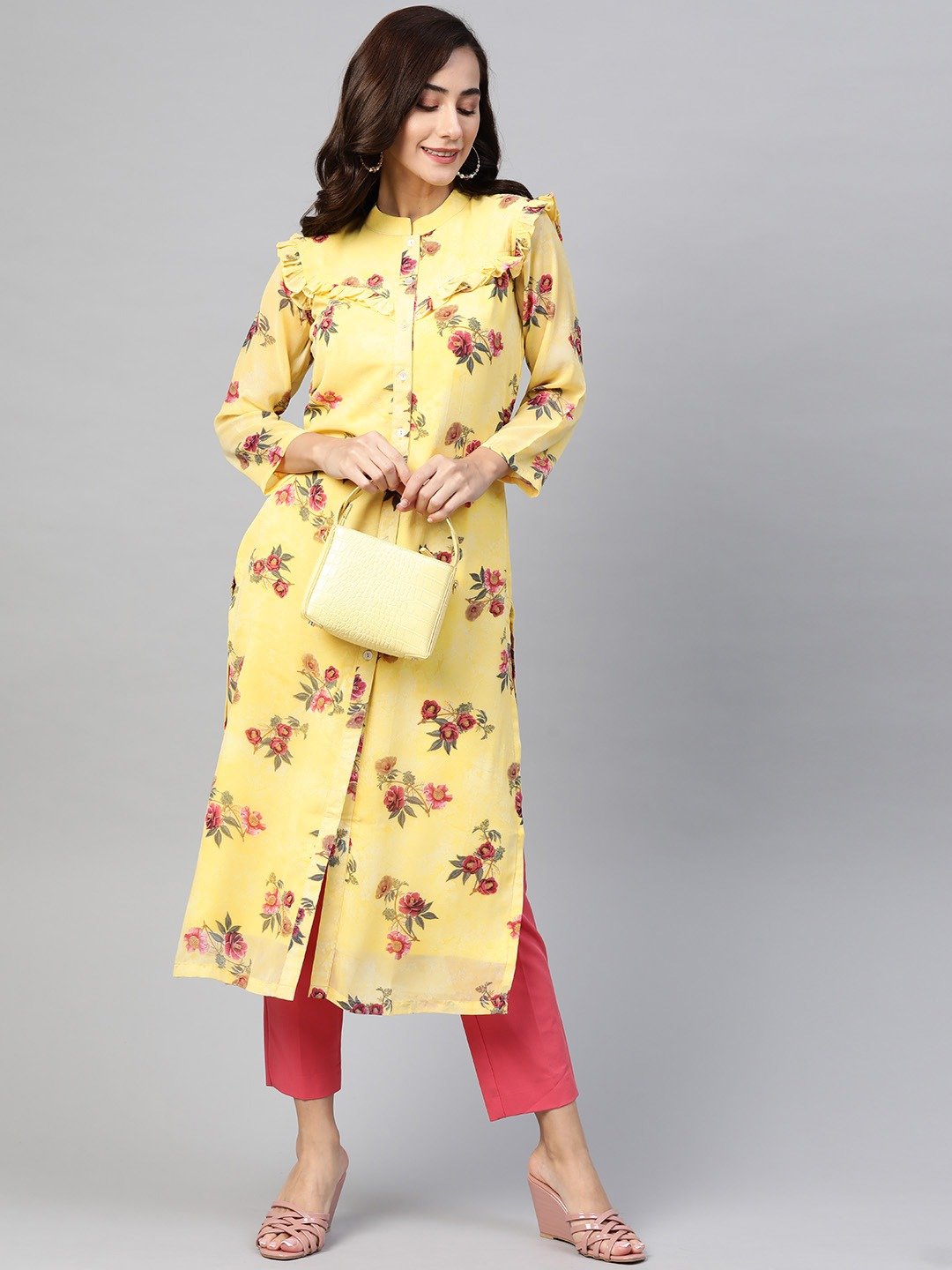 Women's Yellow & Pink Floral Printed Frills Bows and Ruffles Straight Kurta - Jompers