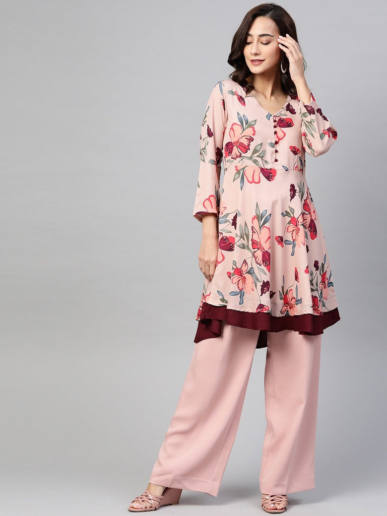 Women's Peach & Maroon Floral Printed Floral Flared Kurta