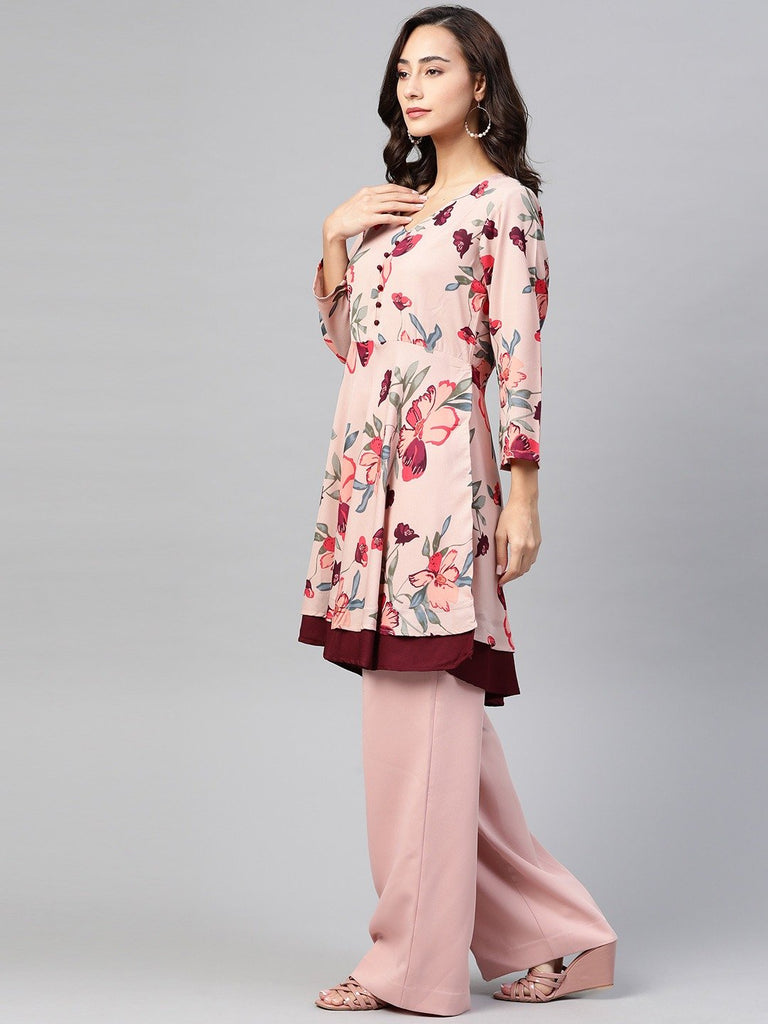 Women's Peach & Maroon Floral Printed Floral Flared Kurta
