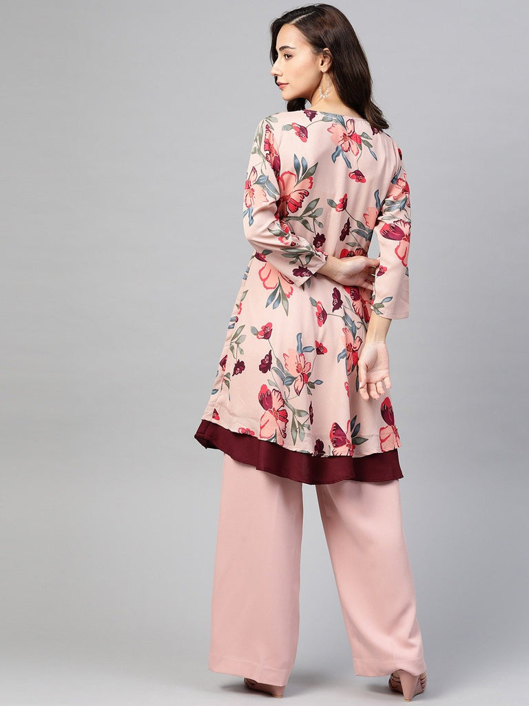Women's Peach & Maroon Floral Printed Floral Flared Kurta