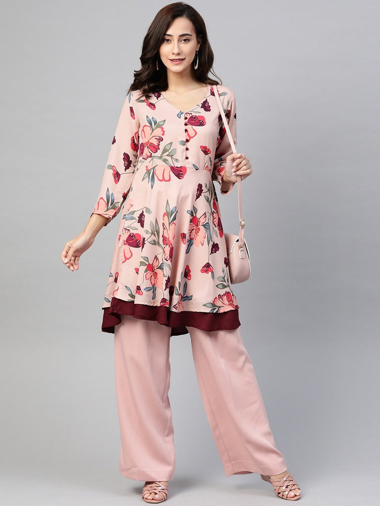 Women's Peach & Maroon Floral Printed Floral Flared Kurta