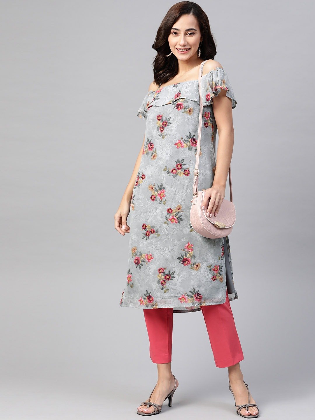 Women's Grey & Pink Floral Printed Off-Shoulder Floral Kurta - Jompers