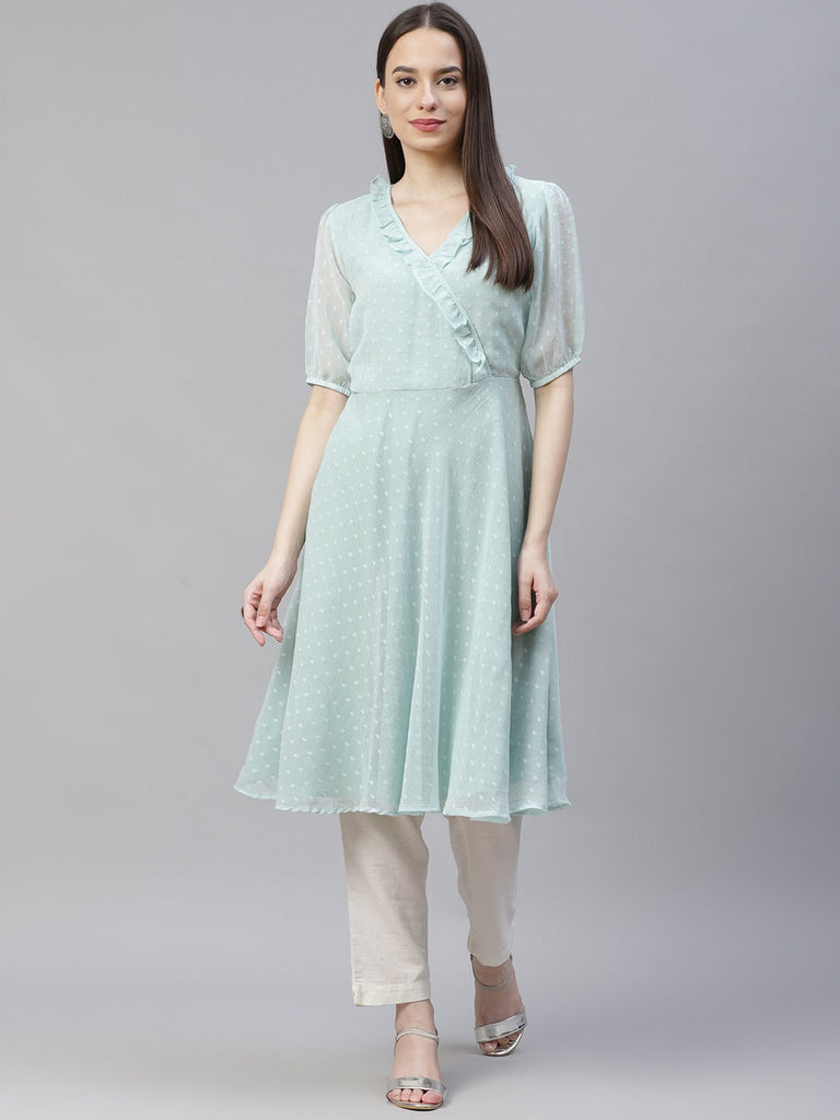 Women's Turquoise Blue Woven Design Flared Kurta ( JOK 1403 Blue )