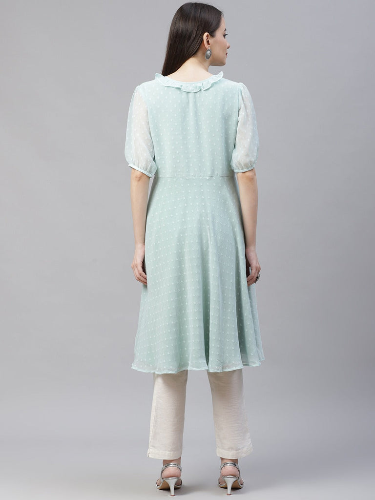 Women's Turquoise Blue Woven Design Flared Kurta ( JOK 1403 Blue )