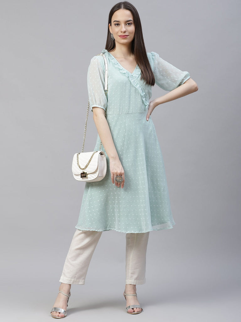 Women's Turquoise Blue Woven Design Flared Kurta ( JOK 1403 Blue )