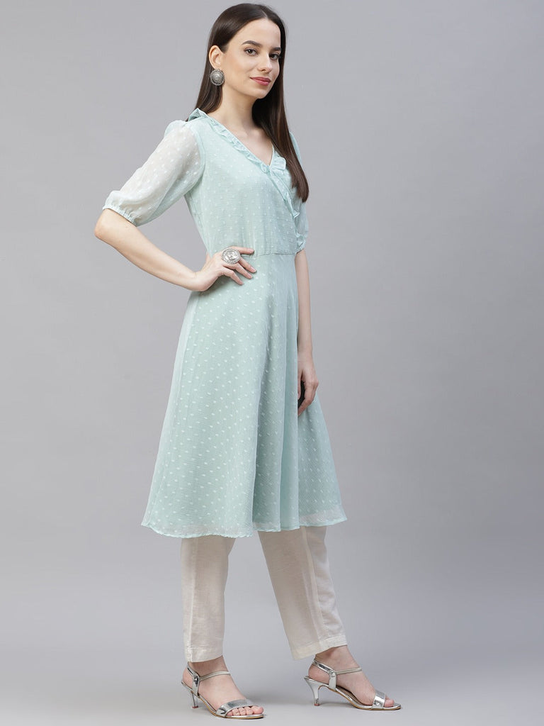 Women's Turquoise Blue Woven Design Flared Kurta ( JOK 1403 Blue )