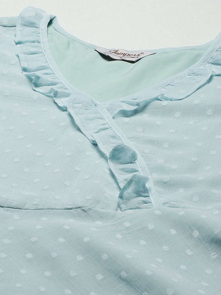 Women's Turquoise Blue Woven Design Flared Kurta ( JOK 1403 Blue )