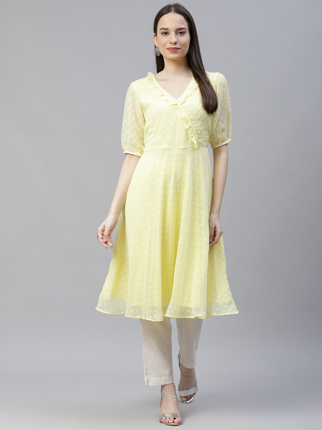Women's Yellow Woven Design Flared Kurta ( JOK 1403 Yellow ) - Jompers