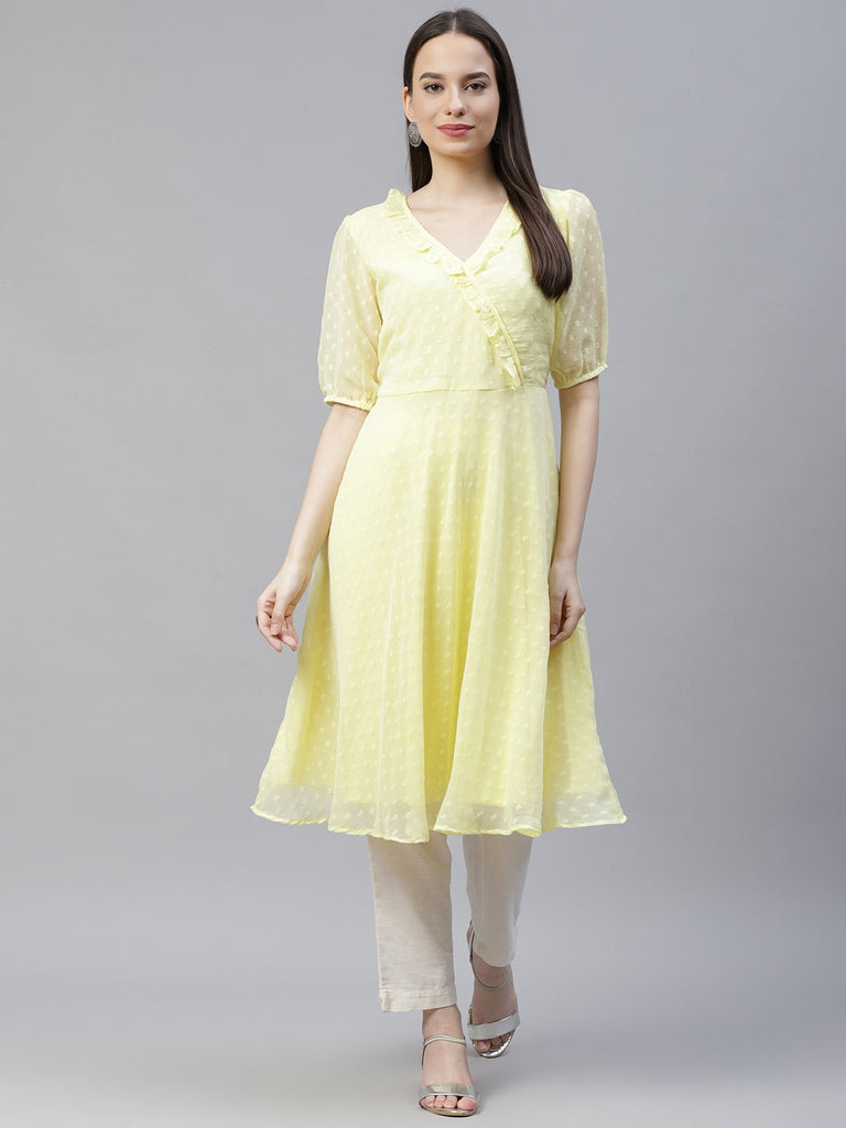 Women's Yellow Woven Design Flared Kurta ( JOK 1403 Yellow )