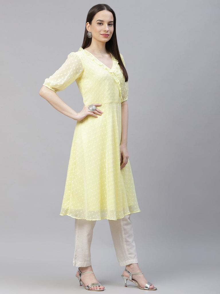 Women's Yellow Woven Design Flared Kurta ( JOK 1403 Yellow )