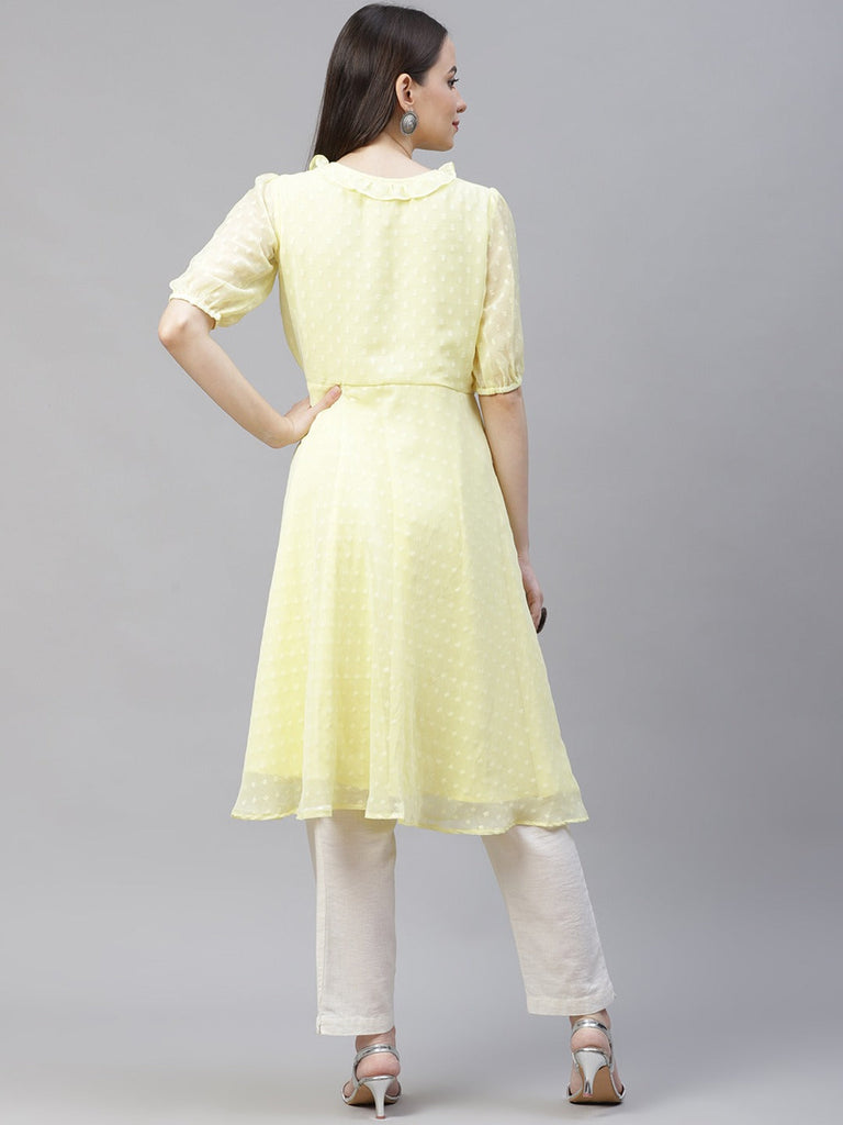 Women's Yellow Woven Design Flared Kurta ( JOK 1403 Yellow )
