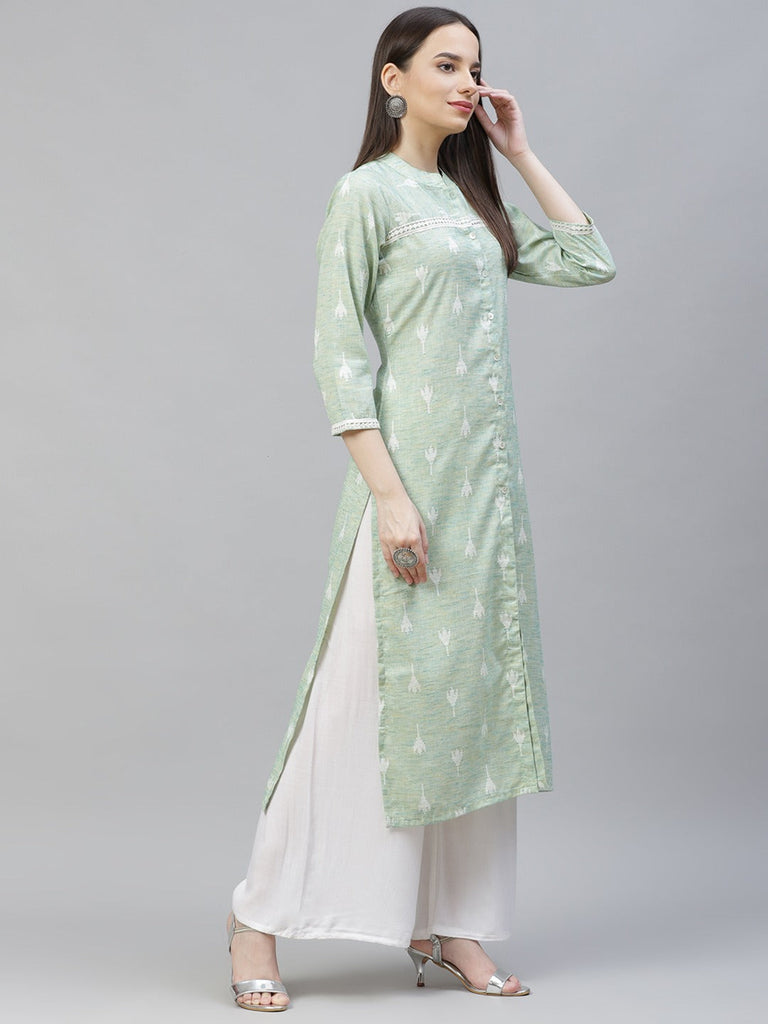 Women's Green Ethnic Motifs Ikat Kurta with lace work ( JOK 1404 Green )