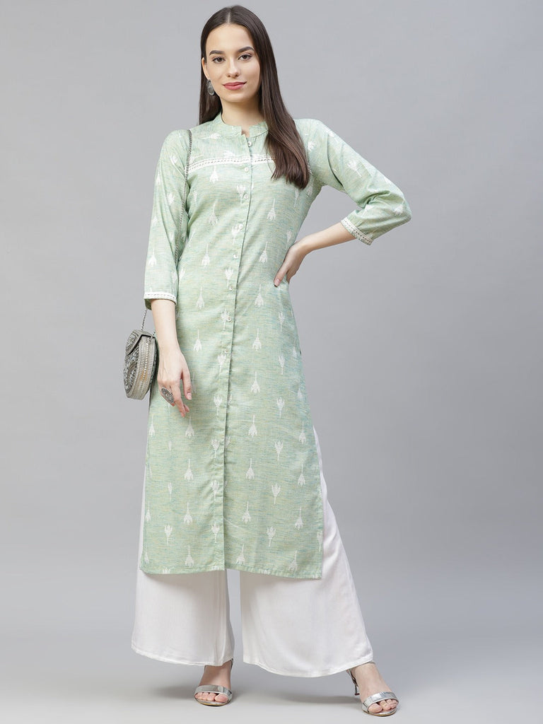 Women's Green Ethnic Motifs Ikat Kurta with lace work ( JOK 1404 Green )