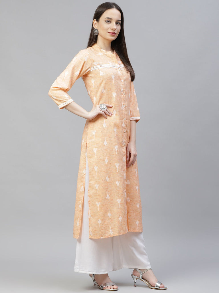Women's Orange Ethnic Motifs Ikat Kurta with lace work ( JOK 1404 Orange )