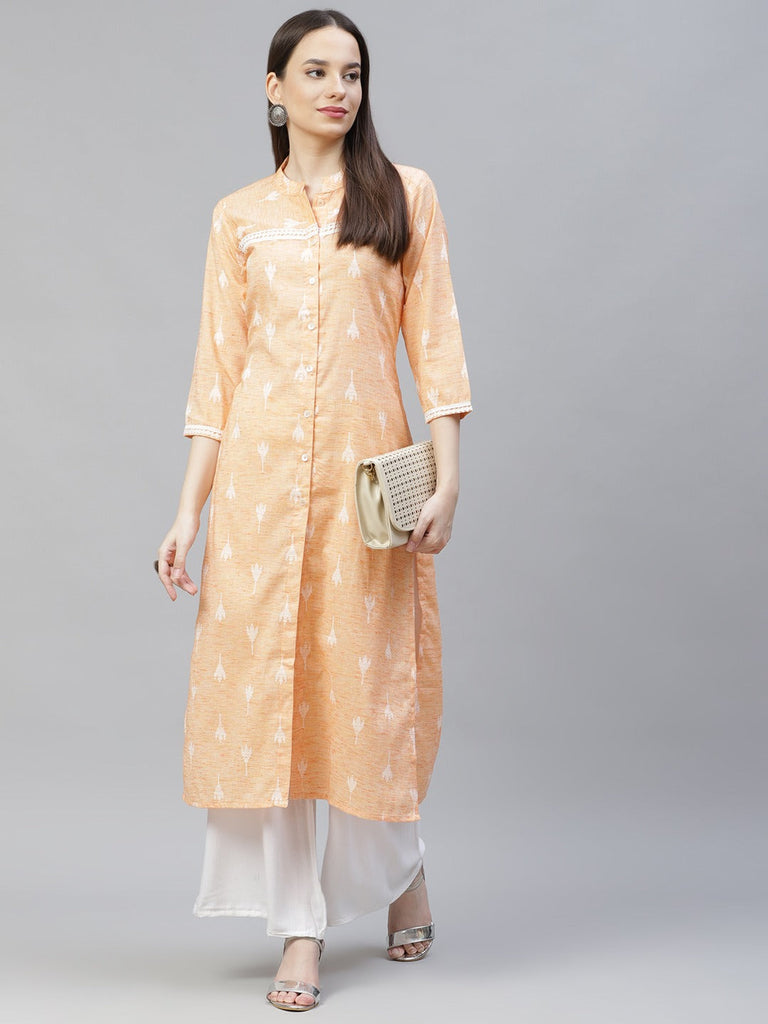 Women's Orange Ethnic Motifs Ikat Kurta with lace work ( JOK 1404 Orange )
