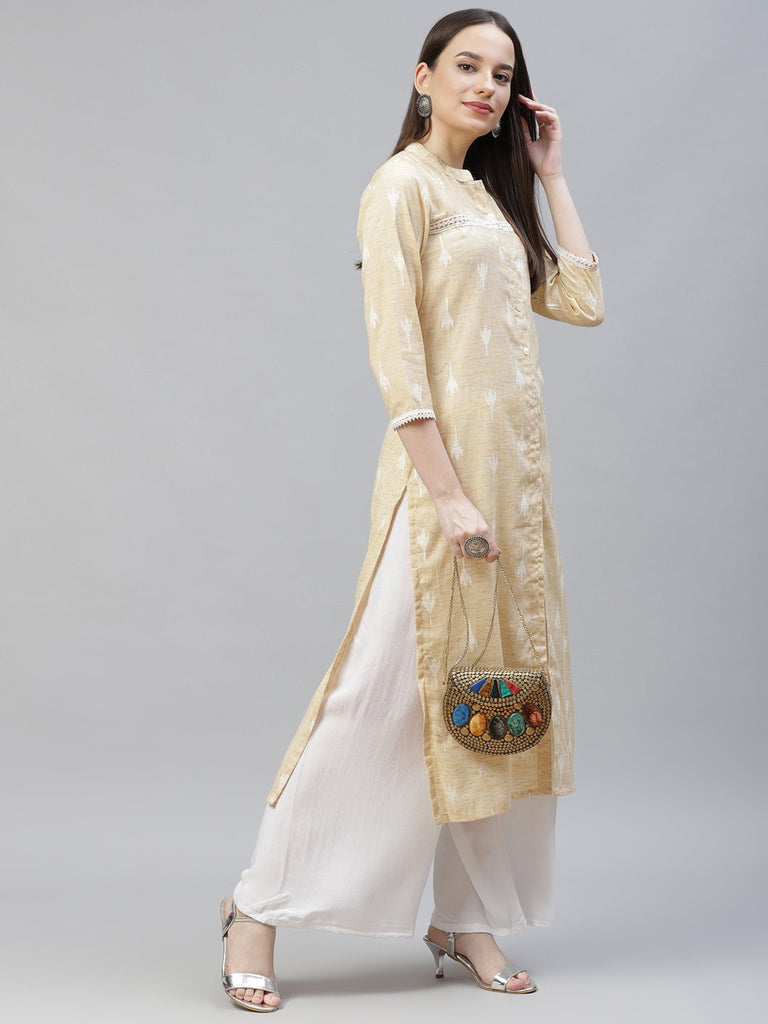 Women's Yellow Ethnic Motifs Ikat Kurta with lace work ( JOK 1404 Yellow )